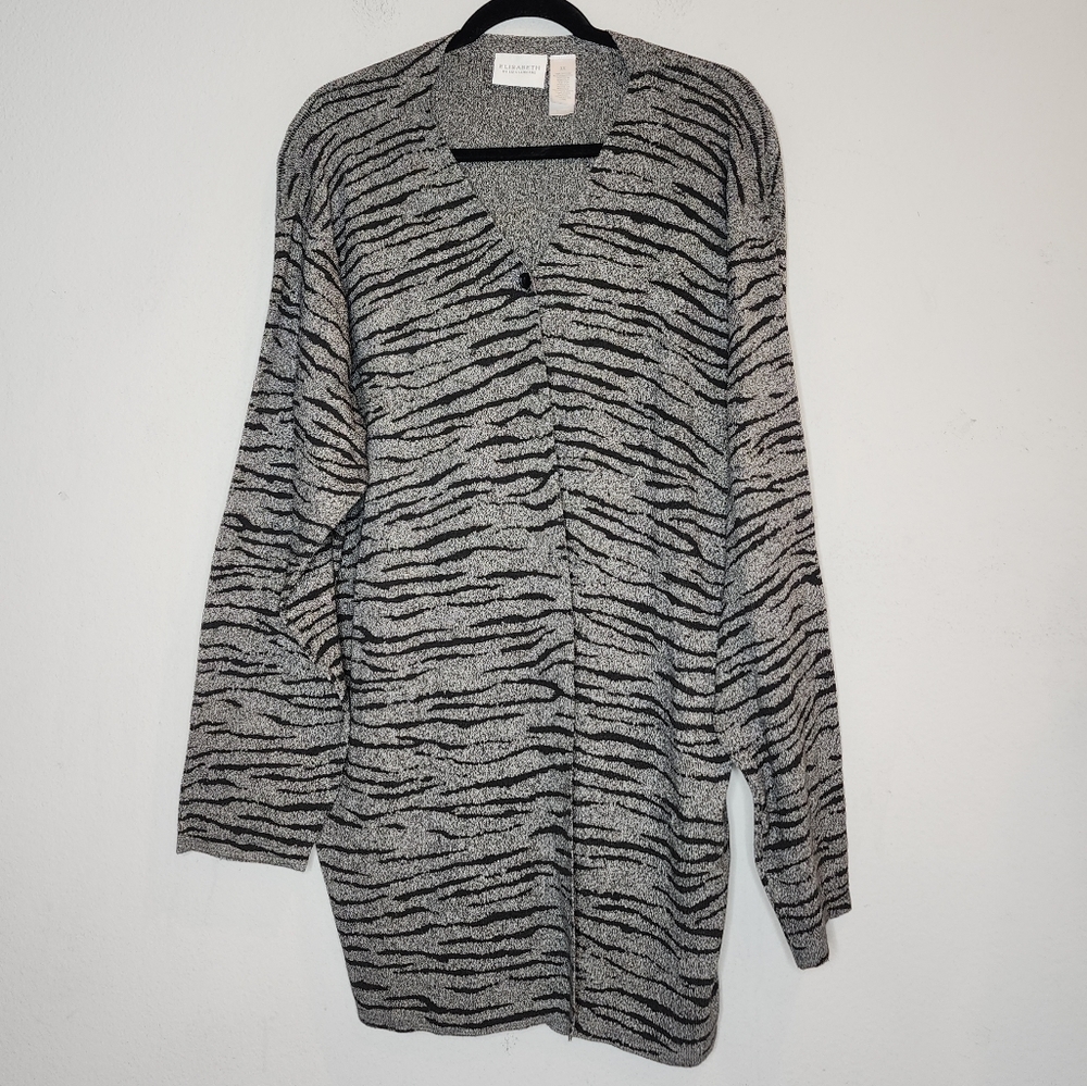 Liz Claiborne Grey Black Zebra Sweater Button Cardigan 100% Cotton Size 3X
